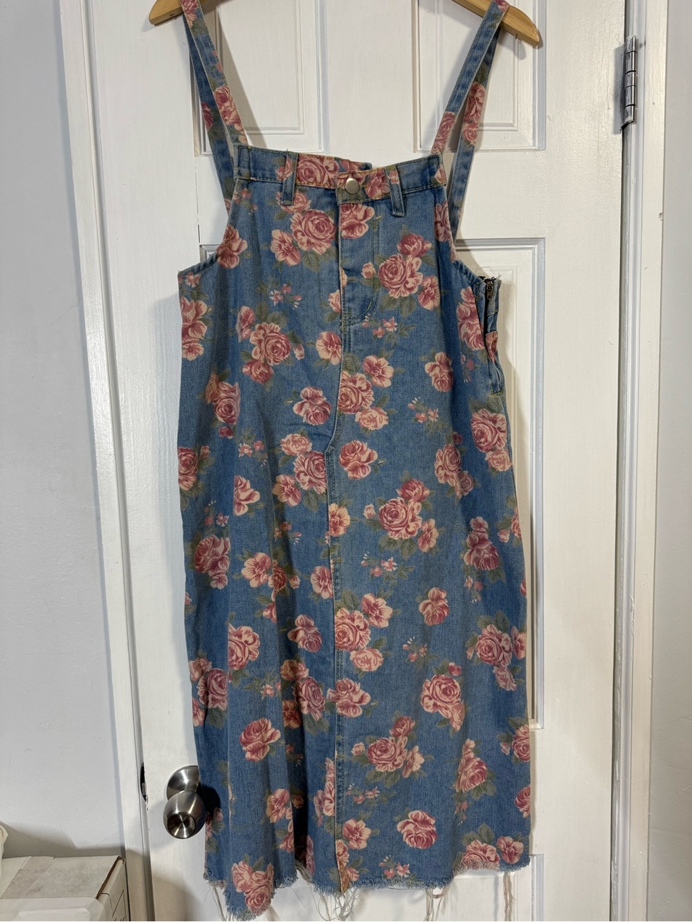 Floral Denim Overall Dress - Pink Rose Print
